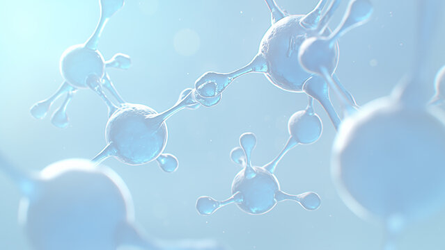 Abstract blue atomic molecular structure with molecules blurred in background