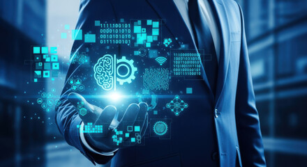 A man in a suit holds a blue hologram of a brain and gear, symbolizing artificial intelligence, set against a blurry building interior and a digital interface.