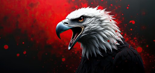 Majestic Eagle's Call: An intense portrait captures the powerful gaze and open beak of a bald eagle against a dramatic backdrop of red. The image evokes strength, freedom, and the wild spirit.