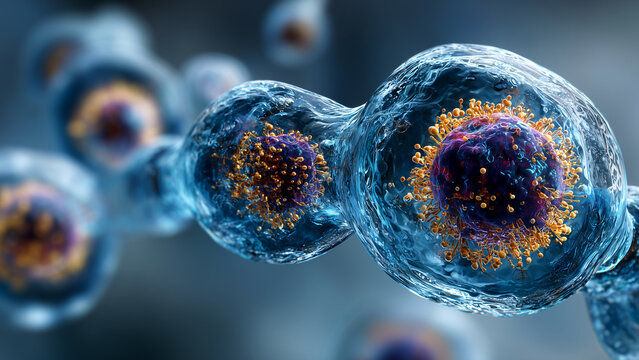 Microscopic view of biological blue cells dividing against a dark background