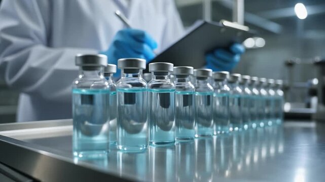 Scientist Documenting Medical Research Data with Rows of Pharmaceutical Vials in Sterile Laboratory Setting