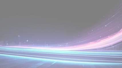 Futuristic cyberpunk city background with glowing neon light road and digital skyline