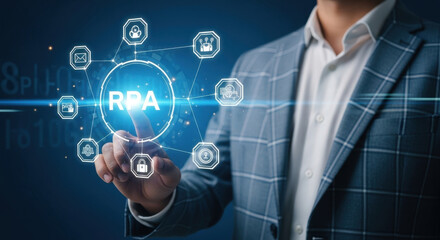 A businessman in a suit touches a glowing RPA (Robotic Process Automation) icon on a dark blue background, symbolizing technology, innovation, and digital transformation.