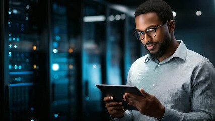 Engineer using tablet, data center deployment, server virtualization updates, configuring equipment software, IT worker reviewing, hardware analytics ensuring, reliable network ope