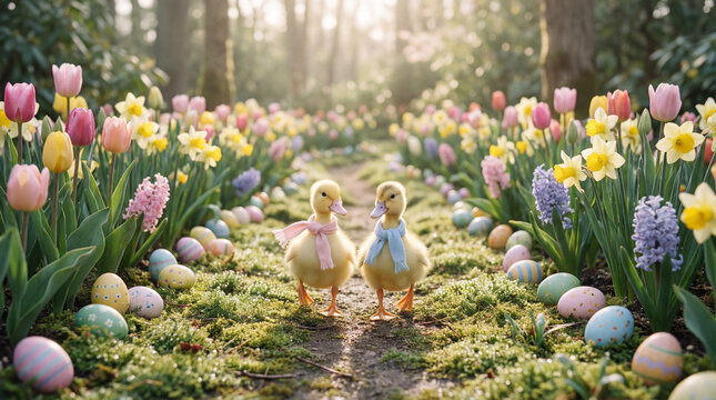 adorable ducklings walking among colorful flowers and easter eggs in a sunny spring garden