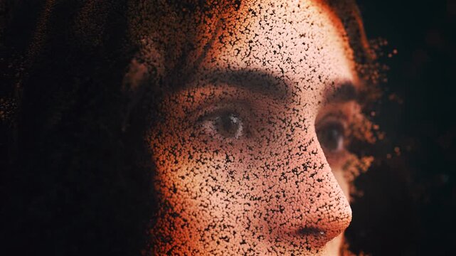 Close-up profile of a human face forming from or disintegrating into a cloud of particles. A futuristic concept of digital identity and ai