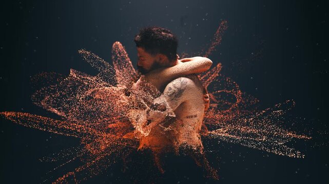 Passionate man and woman hugging tightly while their bodies dissolve into a swirling cloud of glowing orange and white digital particles