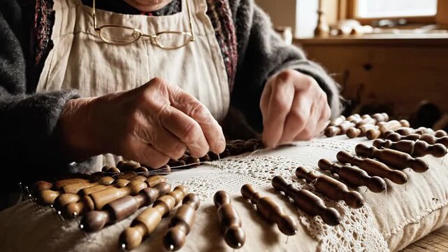 Elderly person working on a bobbin lace project, using bobbins, pins, and thread