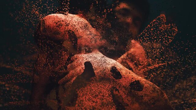 Three-dimensional scan of a human body disintegrating into a cloud of red particles. Digital transformation and futuristic biometric data concept