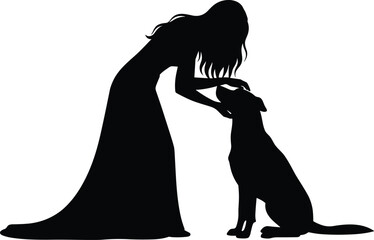 Elegant woman long hair black silhouette vector illustration, petting a sitting friendly dog companion, girl and pet animal friendship bond, loyal domestic mammal vecto