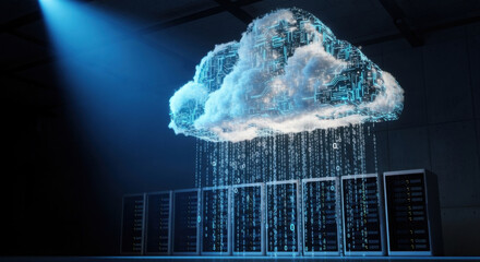 Digital cloud hovers over server racks, illuminated by blue light, symbolizing cloud computing and data flow in a high tech data center, modern technology.