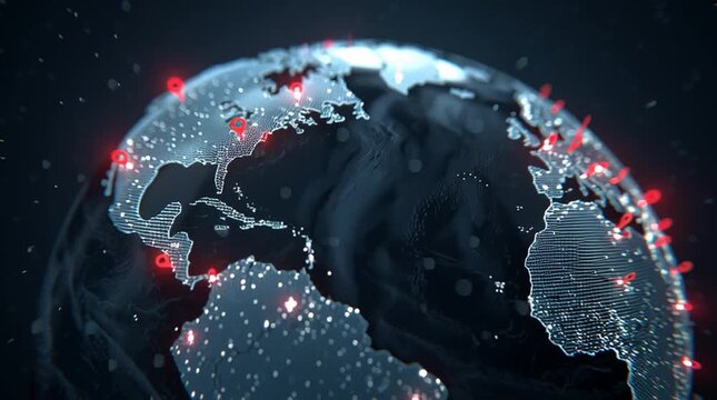 Digital globe with glowing red location pins marking cities across europe and africa