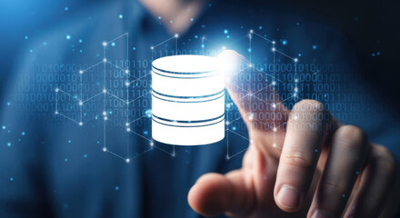 A digital database icon touched by a finger over a binary code background. Representing data information and technology connection with dark blue background.