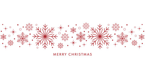 Seamless pattern red Christmas vector border; Snowflakes repeating design background; Merry Christmas card template
