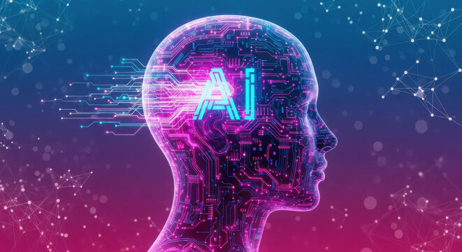Electronic head profile with 'AI' glowing text on a futuristic circuit board against a digital pink and blue gradient background, showcasing modern technology.