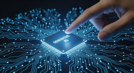 A finger touches a glowing CPU on a motherboard with blue light effects, highlighting computer technology, digital networks and circuitry.