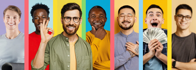 A group of seven people stands together in a colorful setting, each displaying unique expressions and gestures. They exhibit joy, confidence, and community with different backgrounds and styles.