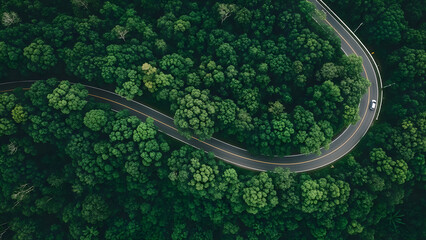 Aerial view of winding road through dense green forest  