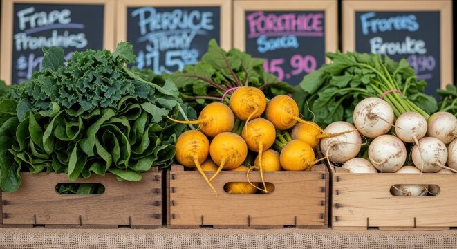 Fresh Yellow Turnips Displayed in Wooden Crates at a Bustling Farmers Market