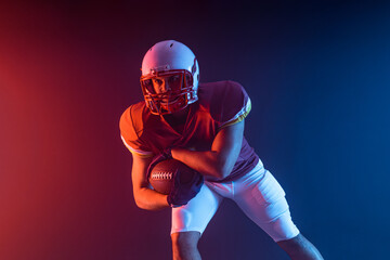 American football player banner with neon colors. Template for bookmaker ads with copy space. Mockup for betting advertisement. Sports betting, football betting, gambling, bookmaker, big win