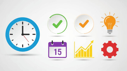 Business and Productivity Icons Set - Time, Calendar, Success, Idea, and Settings.