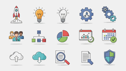 Fototapeta premium Business and Project Management Icons Set - Startup, Ideas, Teamwork, and Data Analysis.