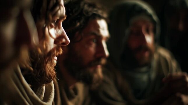 Closeup of jesus christ teaching his disciples with intense expression and gesture