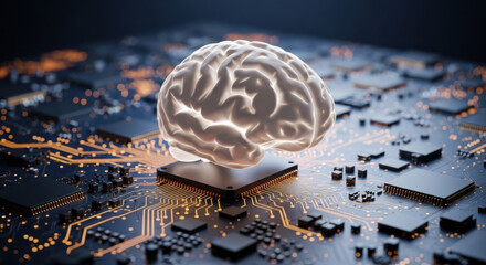 Close up of glowing brain on a black circuit board, orange traces. Depicts concepts of AI, neural networks, and modern technology. 