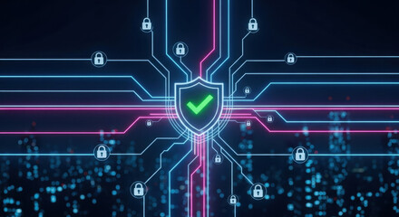 A glowing shield with a check mark sits at the center, surrounded by a network of locks, all against an abstract, dark blue background. Illustrates digital security.