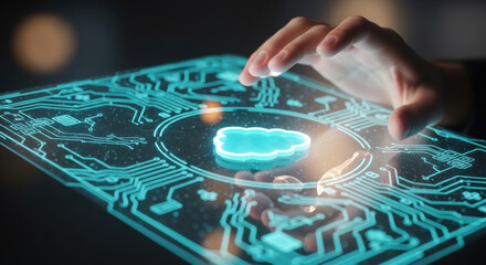 A hand interacts with a digital tablet displaying a glowing blue cloud network in a dark ambient setting, highlighting future technology and connection.