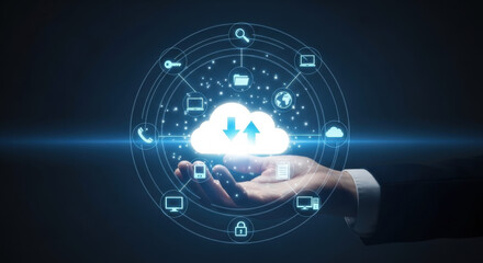 A hand presents a cloud surrounded by computing icons against a dark blue backdrop, symbolizing modern data storage and network technology.