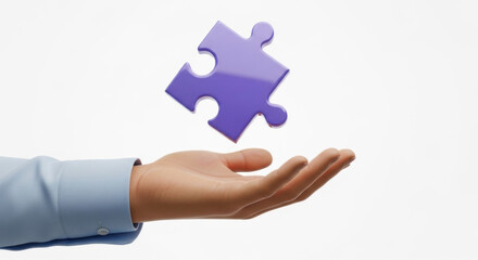 A hand offering a single, floating purple puzzle piece isolated on a white background. The image symbolizes problem solving, connection and solutions.