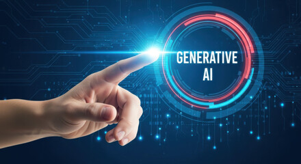 Close up of a hand touching a glowing blue circle with 'Generative AI' text on a dark background. Represents technology, artificial intelligence, and futuristic concepts.