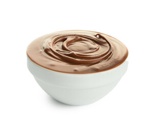 Bowl with tasty melted chocolate on white background
