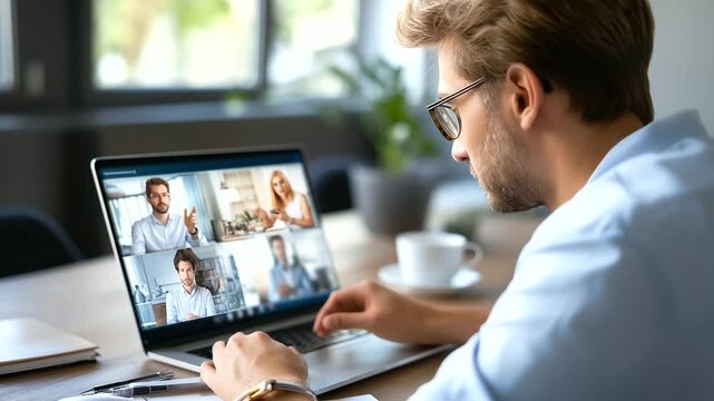 Worker attending remote, web call desk, using webcam laptop, interacting stakeholders hours, executive assistant exchanging, ideas networking session, virtual meeting participation
