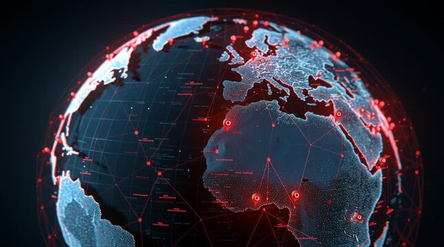 Global network connectivity with red location pins on digital earth globe