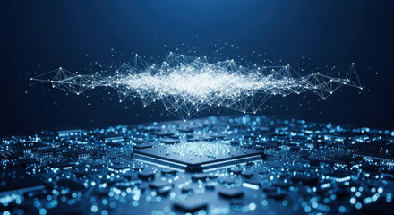 Detailed close-up of an illuminated blue circuit board featuring a prominent data cloud with glowing connections that symbolize artificial intelligence and neural network tech.