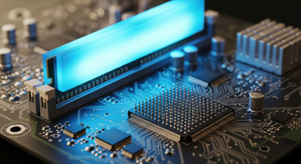 Close-up shot of an illuminated blue RAM module seated on a detailed circuit board. Highlighting computer technology, electronics, and the intricate components of a modern digital system.