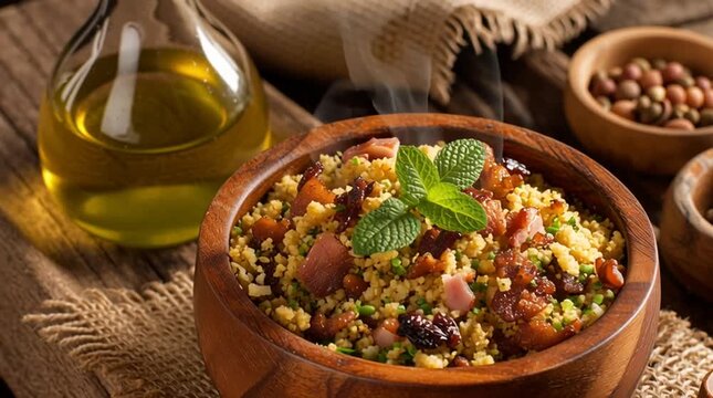 Savory couscous with bacon and dried fruit in wooden bowl