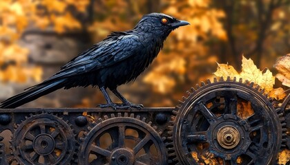 Obraz premium Intricate Gothic Mechanical Raven Perched on Clockwork Gears, Embracing Dark Steampunk Aesthetics