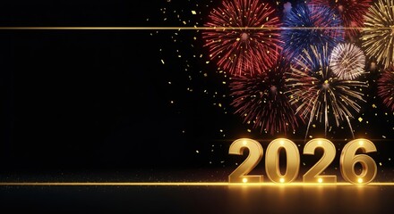 New Year 2026 Celebration Scene with Fireworks, Golden Numbers, and Confetti on Black Background