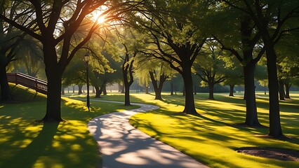 A serene summer park with a winding path under dappled sunlight, evoking warmth and tranquility.
