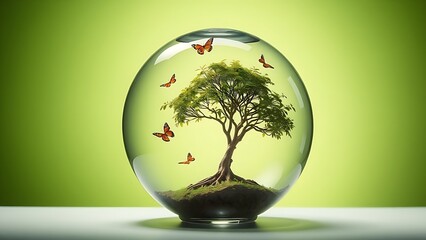 A glass globe containing a miniature tree with floating butterflies, symbolizing nature and wonder.