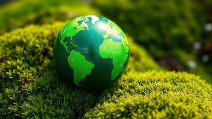 Green planet Earth globe resting on natural moss, environmental conservation theme.