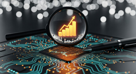 Detailed view of magnifying glass revealing upward graph on circuit board, dark background with bokeh lights, emphasizing technology, business, and finance analysis.