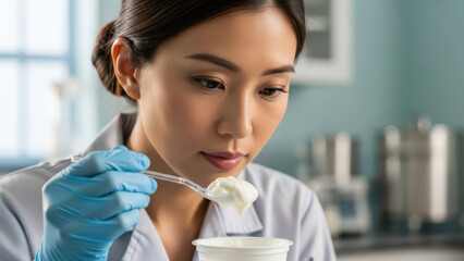 Focused food scientist in lab coat analyzing creamy yogurt sample with gloved hand, conducting quality control test in modern dairy laboratory for safety and consistency