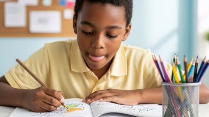 Curious focused boy drawing with colored pencils at desk, sticking tongue out in concentration while coloring in workbook, developing creativity and fine motor skills in bright classroom