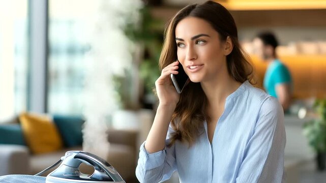 Woman singing loud, ironing clothes steaming, iron living room, happy female multitasks, laundry day performing, joy boyfriend stands, phone background domestic, scene household ch