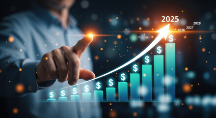 A man in a blue shirt interacts with a holographic display showing a graph. An arrow points upward, indicating financial growth into 2025 on a bokeh background.