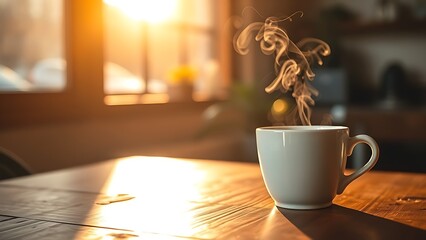 Steaming coffee cup on a rustic table, capturing the essence of a morning ritual.